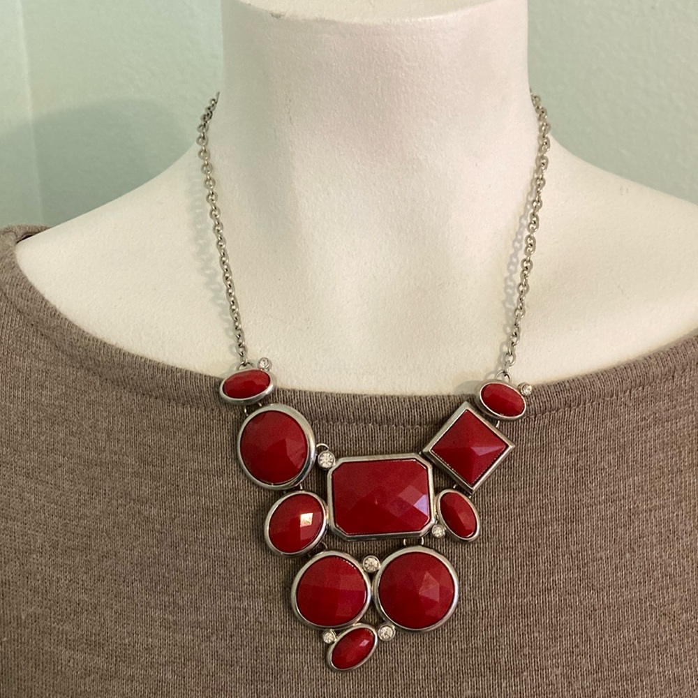 Chunky red acrylic statement necklace geometric shapes with crystals